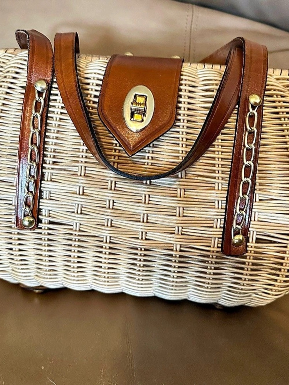 Woven Wicker Handbag by Simon in Brown & Cream